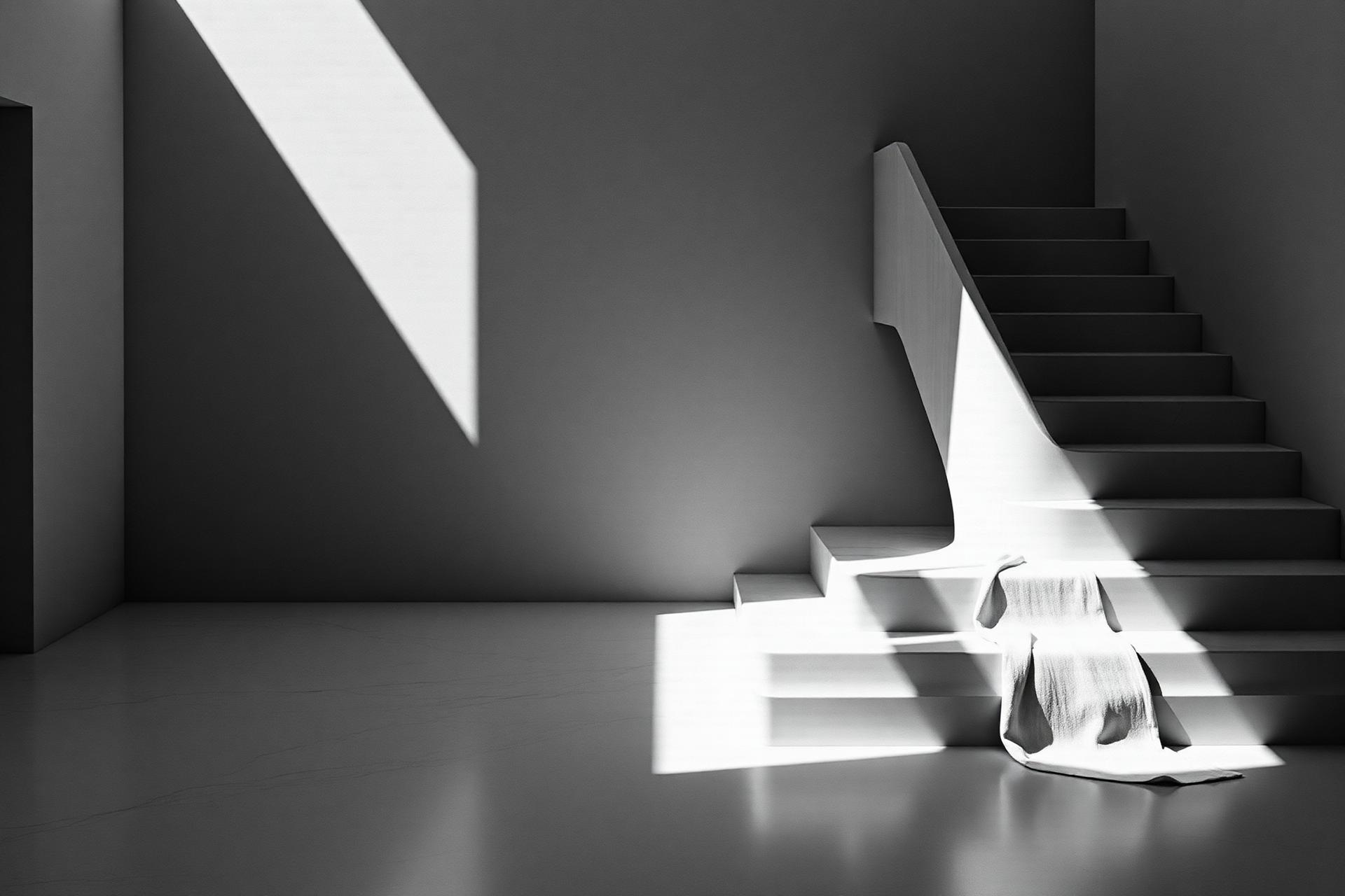 Side light falling across a monochrome marble staircase with draped linen